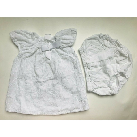 Girl's Size 6M 3-6 Months Two Piece White H&M Dress W/ Bow & Diaper Cover Outfit - Picture 1 of 6